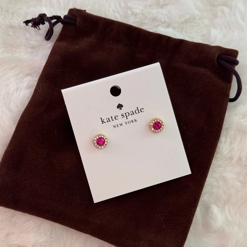 Late Spade “You're A Gem” Pink and Gold Stud Pave Halo Stud earrings w/dust bag - Picture 1 of 6
